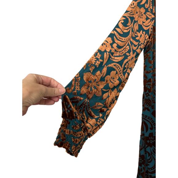 Cozy Co Burnout Velvet Floral Button Front Shirt Dress Teal Brown Medium Boho - Picture 7 of 14